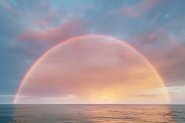 Rainbow over the sea at sunset,  Panoramic view