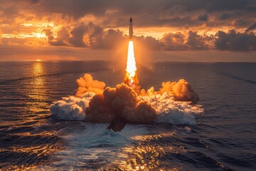 An impressive scene of a submarine missile launch with fiery propulsion against a sunset backdrop
