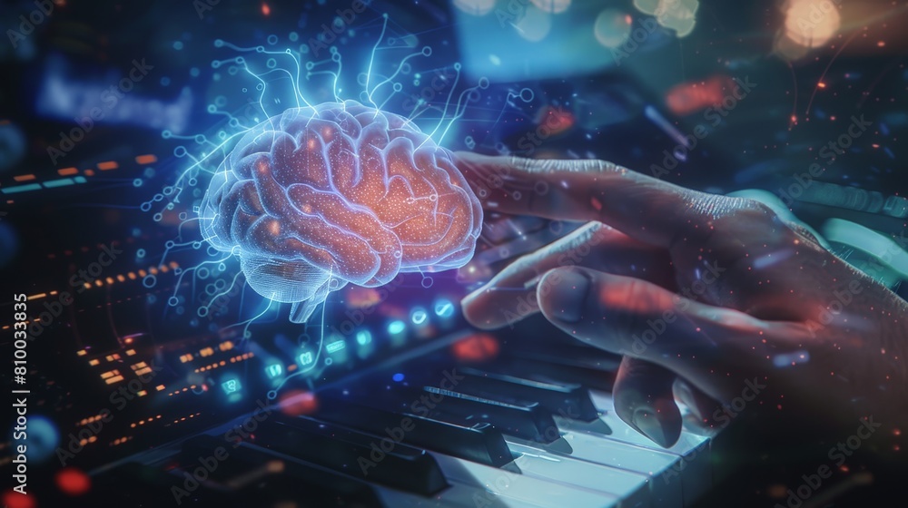 Poster digital composite of hand touching digital keyboard with brain interface