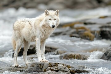 White wolf standing on a rock in the water,  Animal in nature