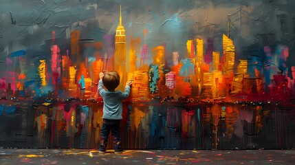A young boy meticulously painting a vibrant cityscape on a dull urban wall, his brushstrokes...