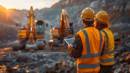 Construction engineers supervising progress of construction project. Excavators preparing to lay foundation in background.
