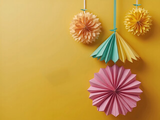 Hello, summer with decoration origami hanging on a yellow background. Paper art and craft style