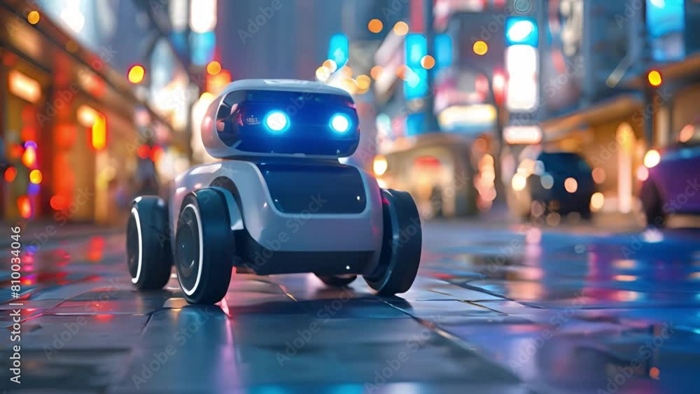 Aufkleber A sleek robot explores an illuminated urban environment during evening hours.