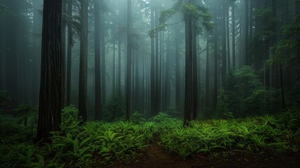 Vertical panorama of redwood forest, trunks stretching into the sky, enveloped in morning mist.