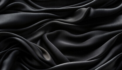 Obraz premium Fondo negro lujoso, el tejido se extiende en suaves ondas. Gasa, satén y material brillante. vista superior. pliegues de tela ligera. fondo de boda y de lujo.