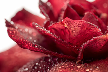 A close up of a red rose with dew drops on it