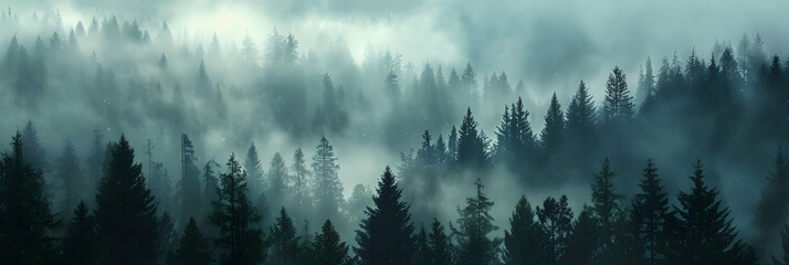 A panoramic view of a dense pine barren forest with mist hovering above the ground at dawn, showcasing a mysterious and untouched wilderness