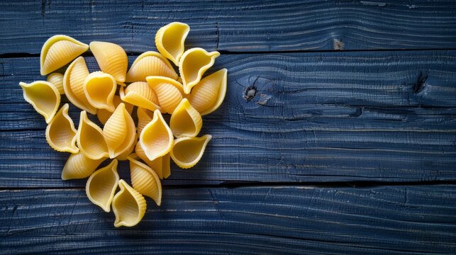 Raw macaroni - conchiglie paste shells in the shape of a heart on a dark wooden background.