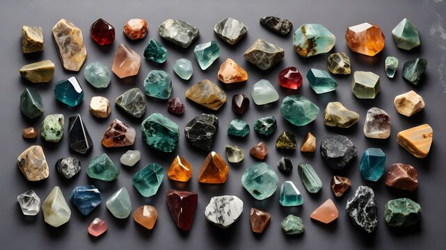 Collection of various gemstones and minerals neatly laid out on a gray background. Top view.

