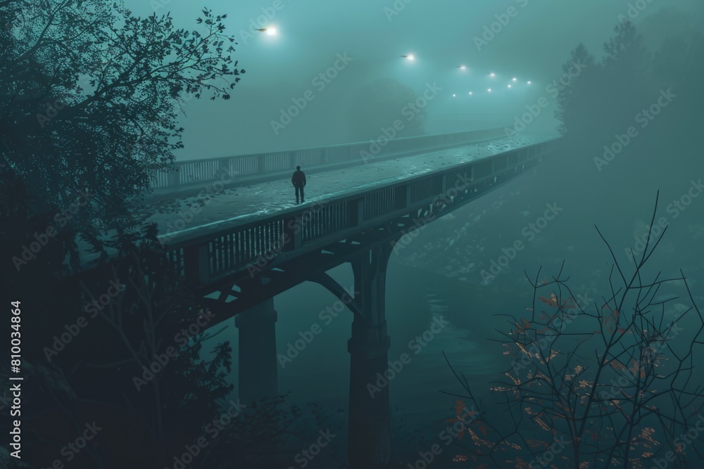 Poster a person standing on a bridge in the fog. suitable for various concepts and designs
