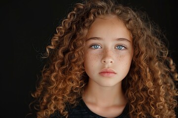 Fototapeta premium young girl with curly hair standing among tall wheat stalks.