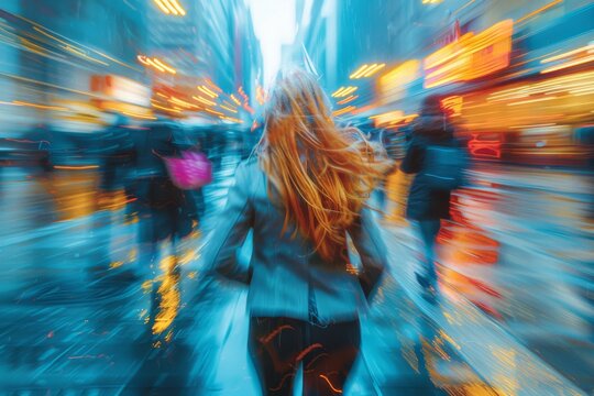 An energetic image focusing on a woman rushing through the vibrant colors of city life
