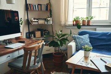 Interior of a small living room apartment for a home office. Renting real estate and staging a house