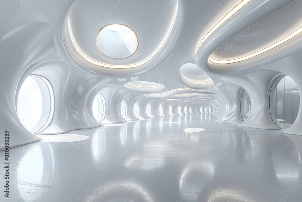 Poster this image displays a modern and sleek white tunnel with circular patterns and ample light giving of