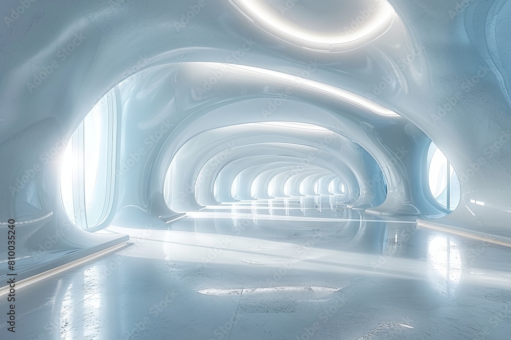 Poster high-tech blue corridor with reflective surfaces, creating a sense of infinite space through lights 