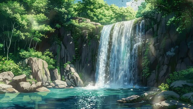 tranquil jungle river waterfall scenery nature background animation seamless 4k video footage looping background. generated with ai