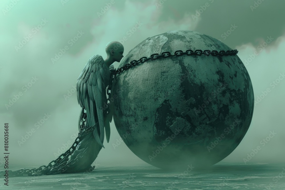 Poster a large metal ball with chains attached. can be used for industrial or prison-related concepts