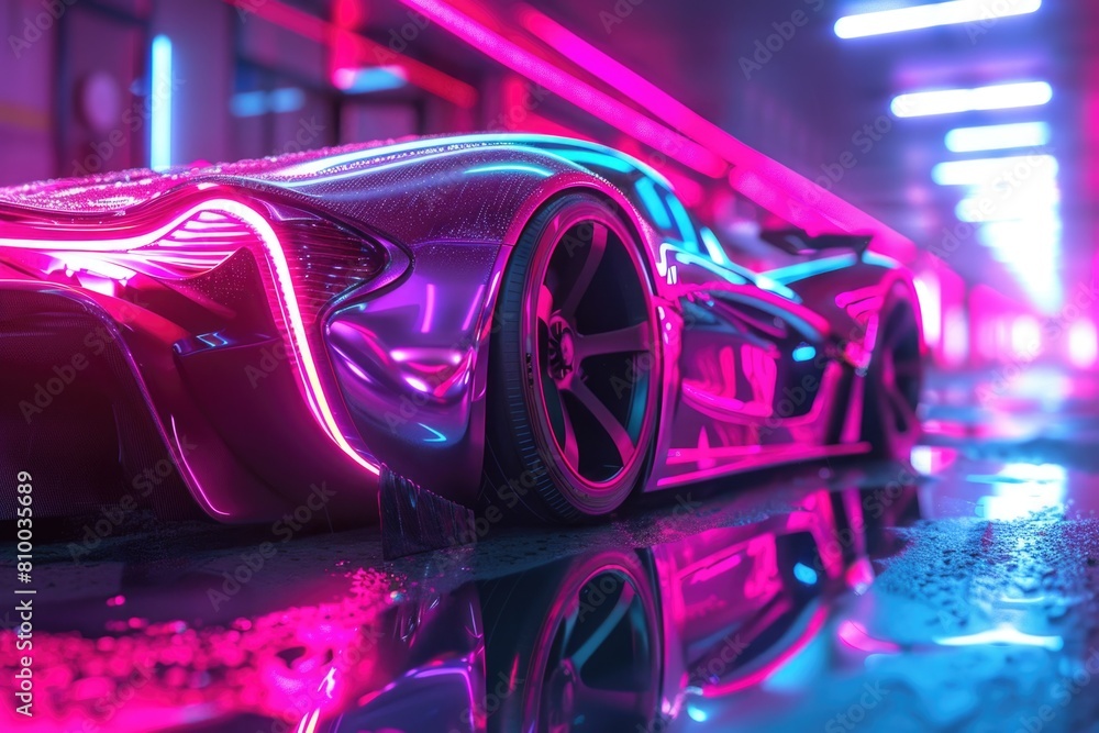 Poster a futuristic car with neon lights on a wet surface. suitable for automotive and technology themes