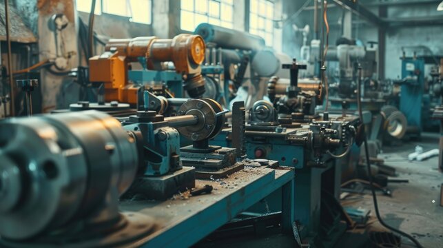 Industrial machine shop with various equipment, ideal for manufacturing concept