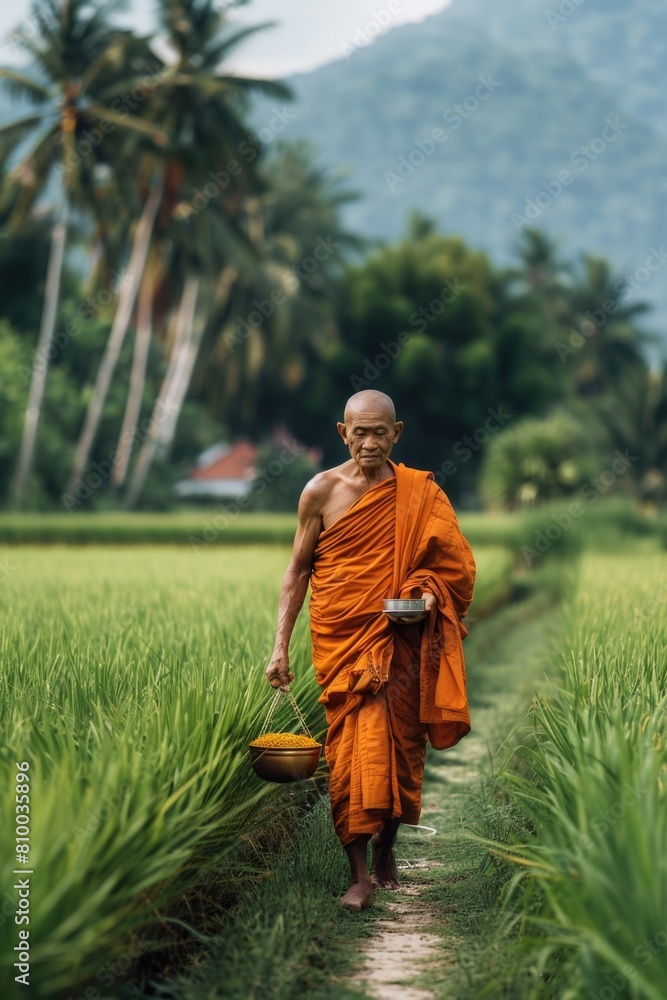 Poster A monk carrying a bucket in a serene rice field. Suitable for cultural and travel concepts