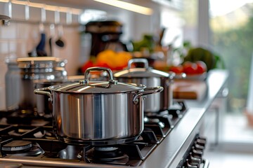 Pots and Pans Simmering on Stove in Modern Kitchen