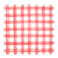 Red watercolor plaid illustration. Buffalo check, checked, chequered geometrical square background, watercolour stains. Hand brush drawn doodle style transparent crossing wide stripes texture.
