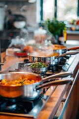 Pots and Pans Simmering on Stove in Modern Kitchen