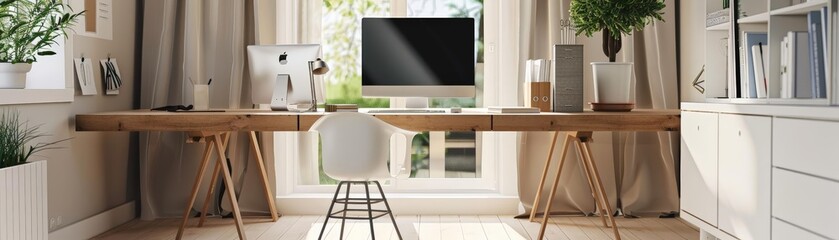 minimalist home office interior with scandinavian design elements featuring a white pot, green plant, white chair, wood floor, large window, and white shelf
