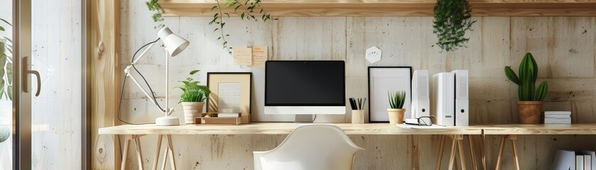 minimalist home office interior with scandinavian design elements featuring a white chair, wood shelf, and green plants in brown and white pots the space is illuminated by a white lamp and features a