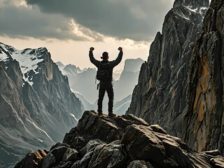 a climber on top of a mountain, his fists raised in victory. Proud to have reached the summit