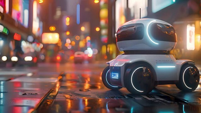A small autonomous robot explores an urban environment with glowing lights.