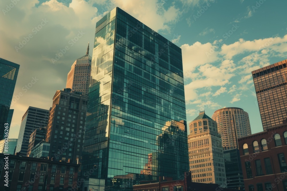 Poster urban skyscraper with multiple glass windows. ideal for business concepts