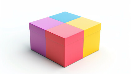 Fototapeta premium Colorful square gift box with vibrant pastel shades of pink, yellow, blue, and purple, isolated on white background, concept of celebration, present, surprise, and packaging design.