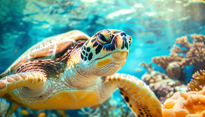 Obraz premium Close-up of sea turtle swimming underwater near colorful coral reef in clear tropical ocean, marine wildlife scene representing nature, biodiversity, aquatic ecosystem, and conservation.