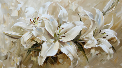 A painting of a bunch of white lilies with brown spots