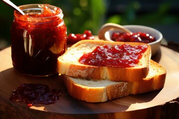 Morning breakfast with toast smeared with homemade strawberry jam in natural sunlight