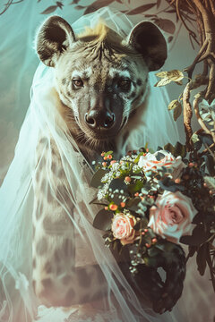 Surreal portrait of a hyena poking its head through a fabric veil, holding a floral wreath in its pawn