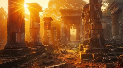 Warm sunset light filters through crumbling columns of an ancient temple.