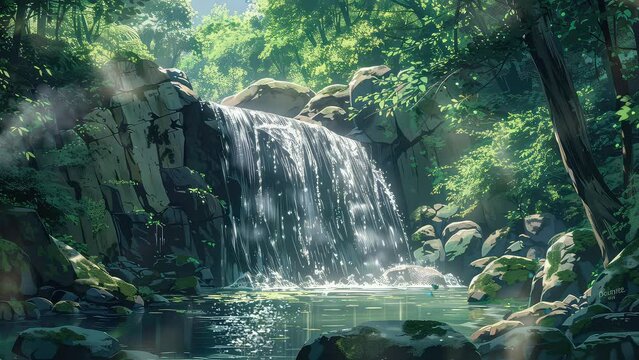 Lush jungle river waterfall scenery nature background animation seamless 4k video footage looping background generated with ai