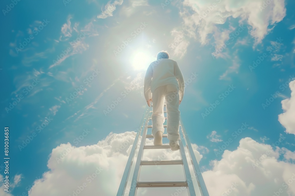 Poster A man standing on a ladder, gazing up at the sky. Suitable for concepts of ambition and aspiration