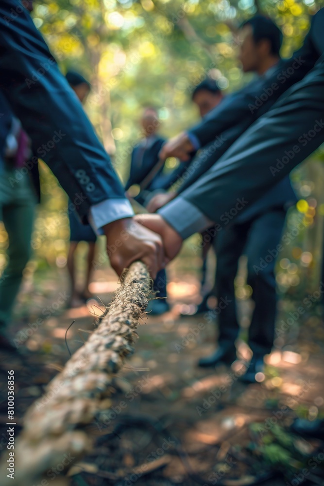 Poster A group of people holding hands on a rope. Suitable for teamwork concepts