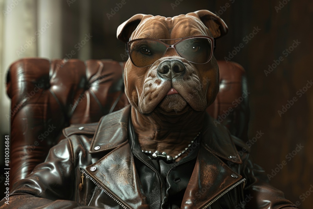 Poster A fashionable dog wearing sunglasses and a leather jacket. Perfect for pet fashion blogs or animal lover websites