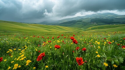 Expansive green fields peppered with red and yellow flowers, under an overcast sky hinting at rain.