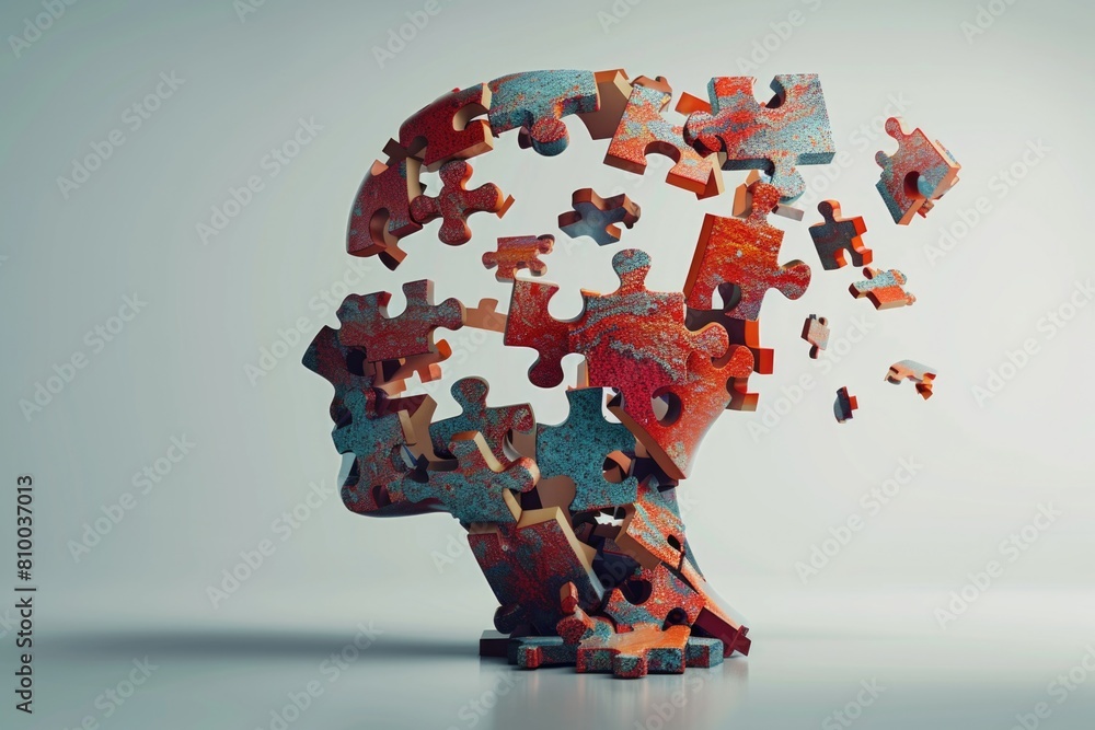 Poster A head constructed from puzzle pieces, symbolizing creativity and problem-solving. Ideal for illustrating brainstorming and innovation concepts