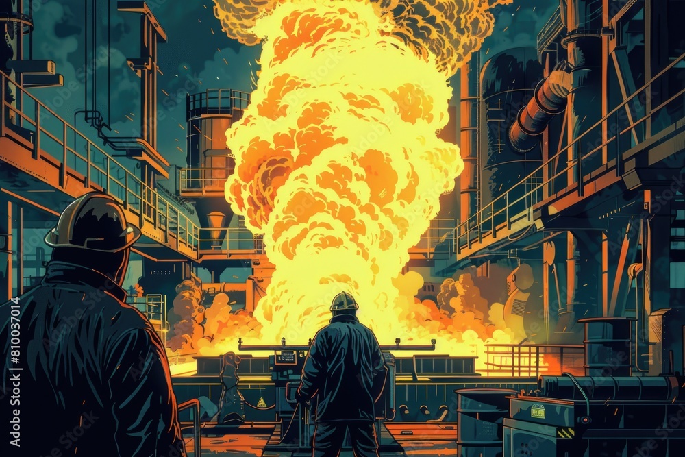 Poster Two men standing in front of a massive explosion. Suitable for action or disaster-themed projects