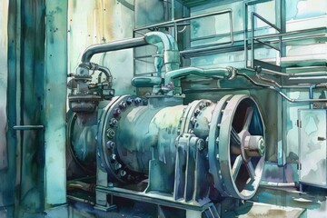 Obraz premium Detailed watercolor painting of a large industrial machine. Suitable for technical manuals or manufacturing industry publications