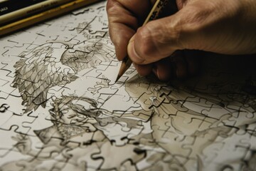 Person holding a pencil over a piece of puzzle. Suitable for educational concepts