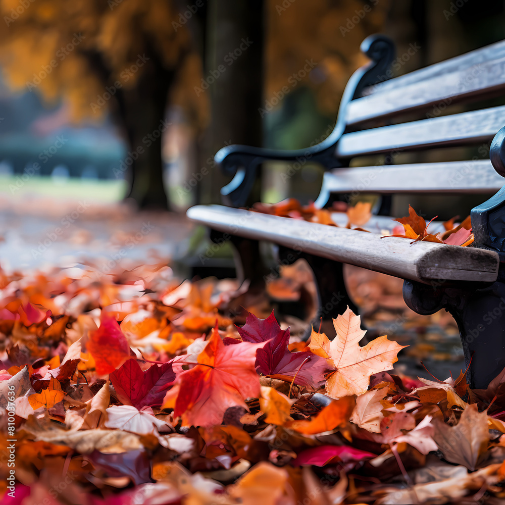 Poster Vibrant autumn leaves scattered on a park bench. 