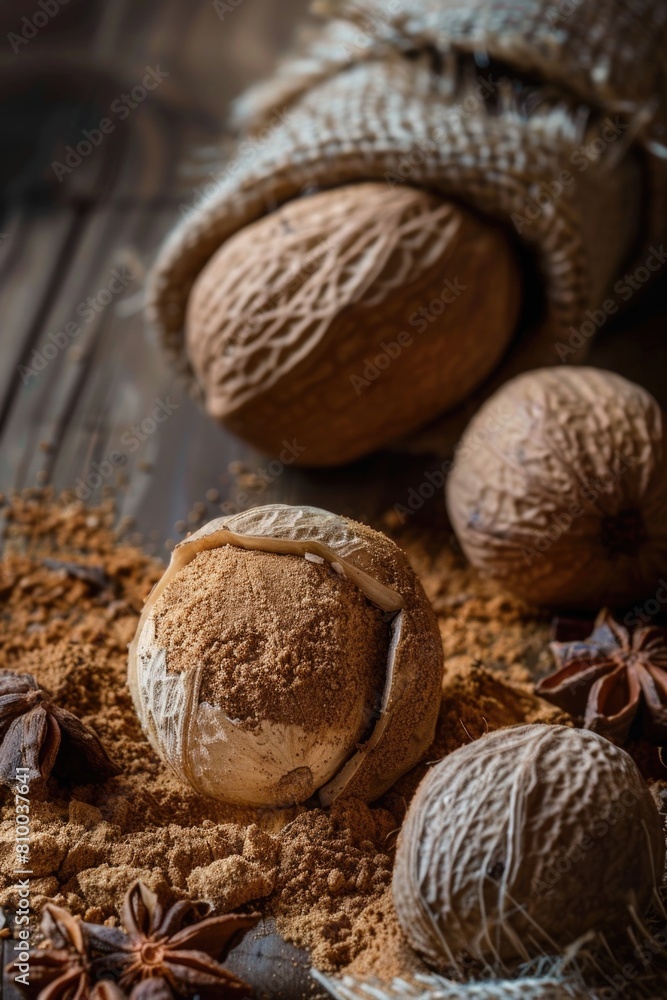 Poster a group of nuts displayed on a rustic wooden table, ideal for food and nutrition concepts